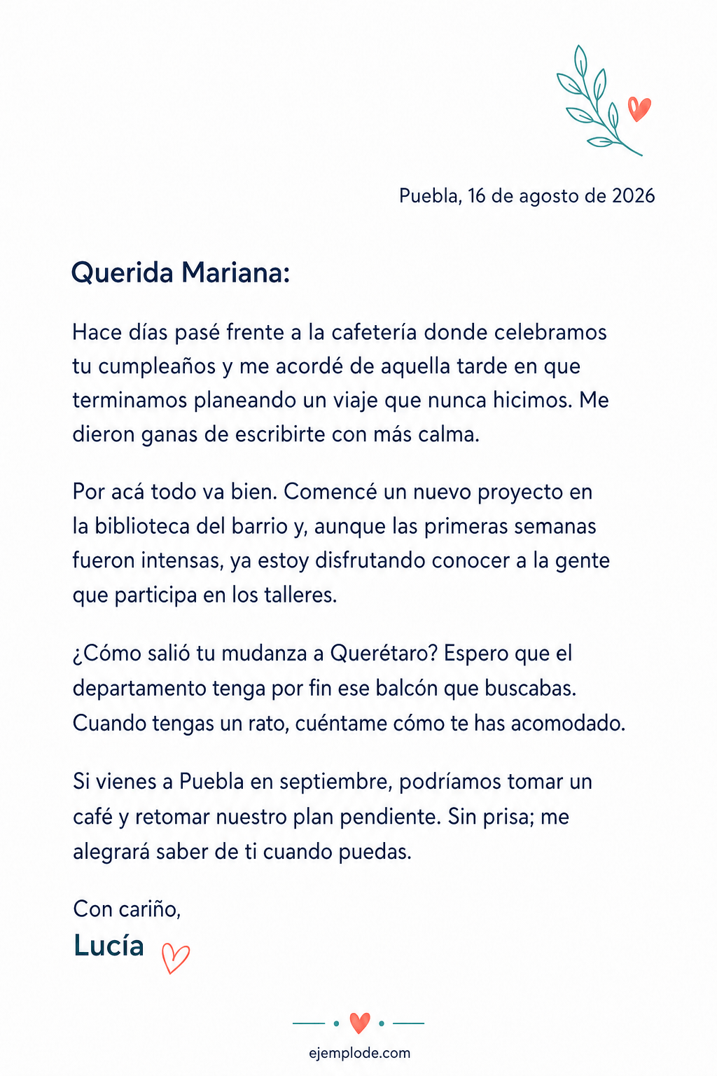 Carta amistosa completa con recuerdo compartido, novedades y propuesta de encuentro