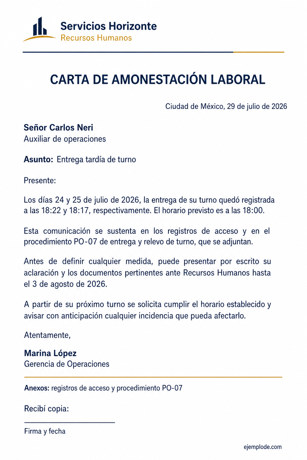 Carta completa de amonestación laboral con hechos, registros, aclaración y acuse