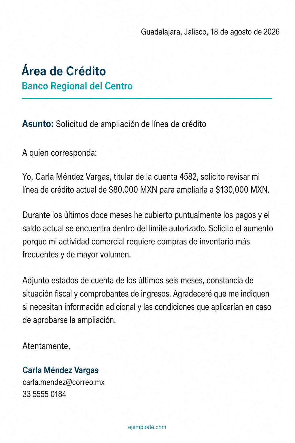 Carta completa para solicitar la ampliación de una línea de crédito con monto, motivo y documentos