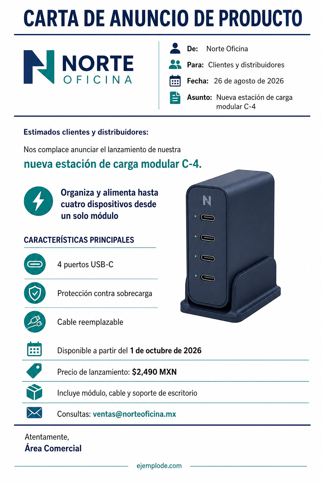 Carta completa que anuncia una estación de carga modular con características, disponibilidad y precio