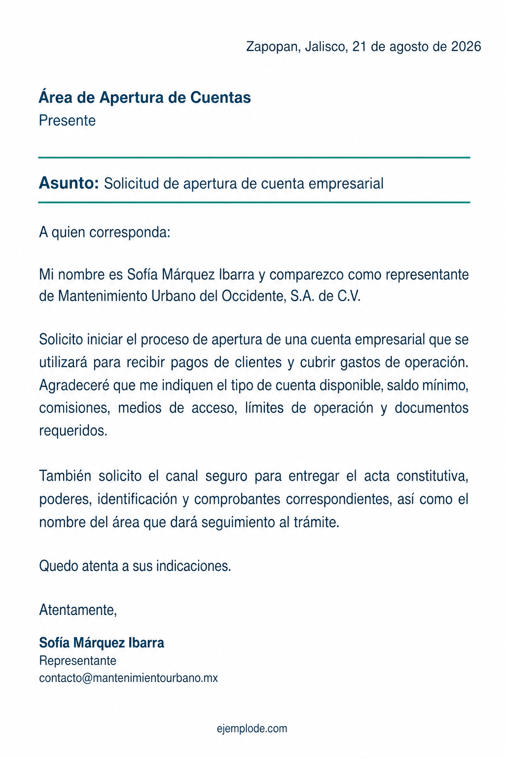 Carta completa para solicitar la apertura de una cuenta empresarial