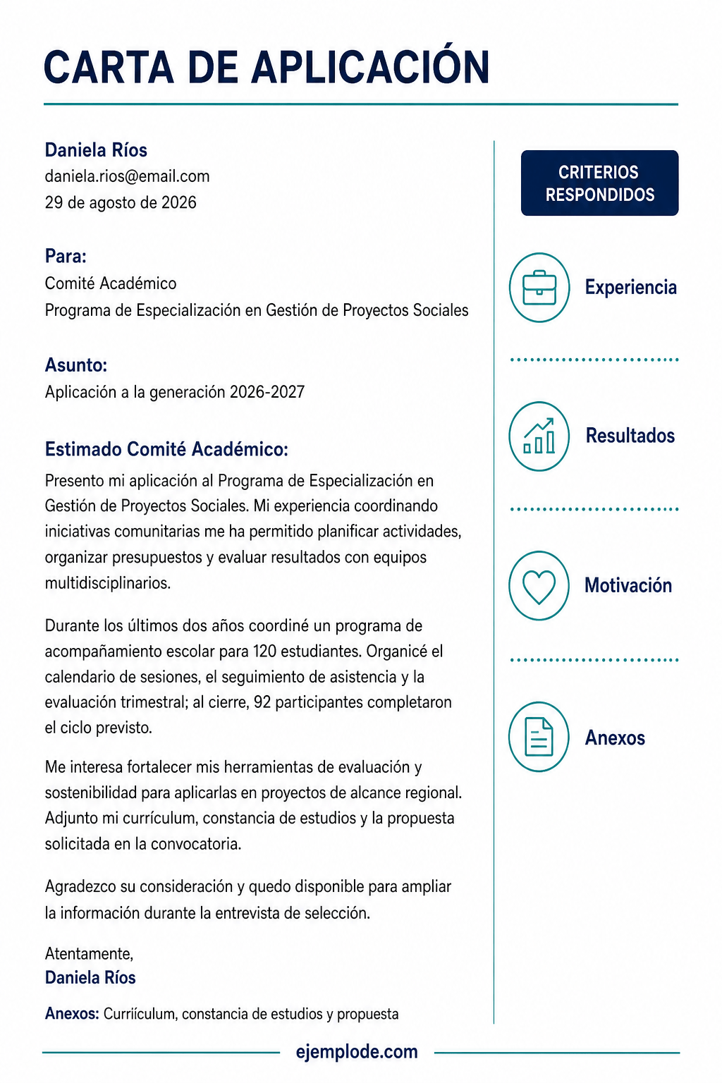 Carta completa de aplicación a un programa de especialización con experiencia, resultados, motivación y anexos