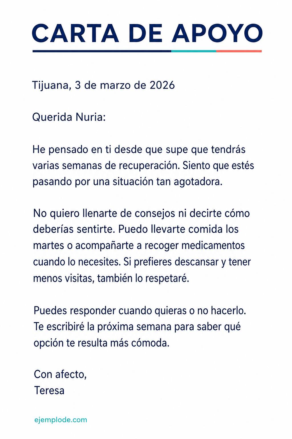 Carta de apoyo completa de Teresa a Nuria durante una recuperación