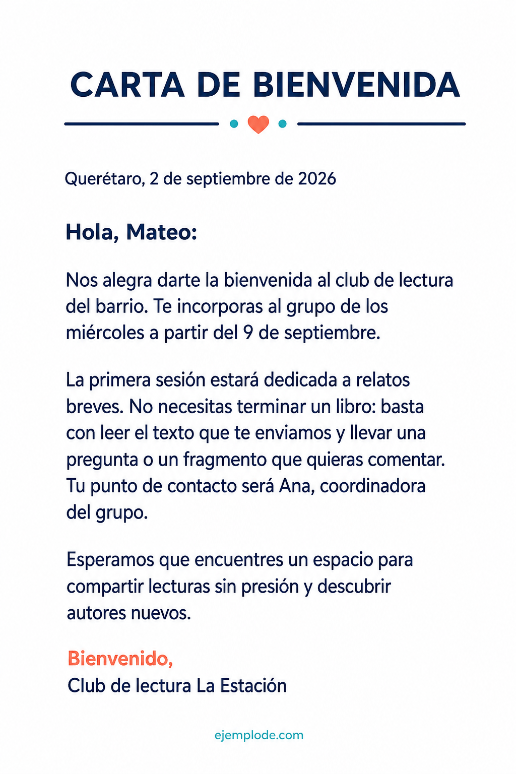Carta de bienvenida completa para Mateo en un club de lectura