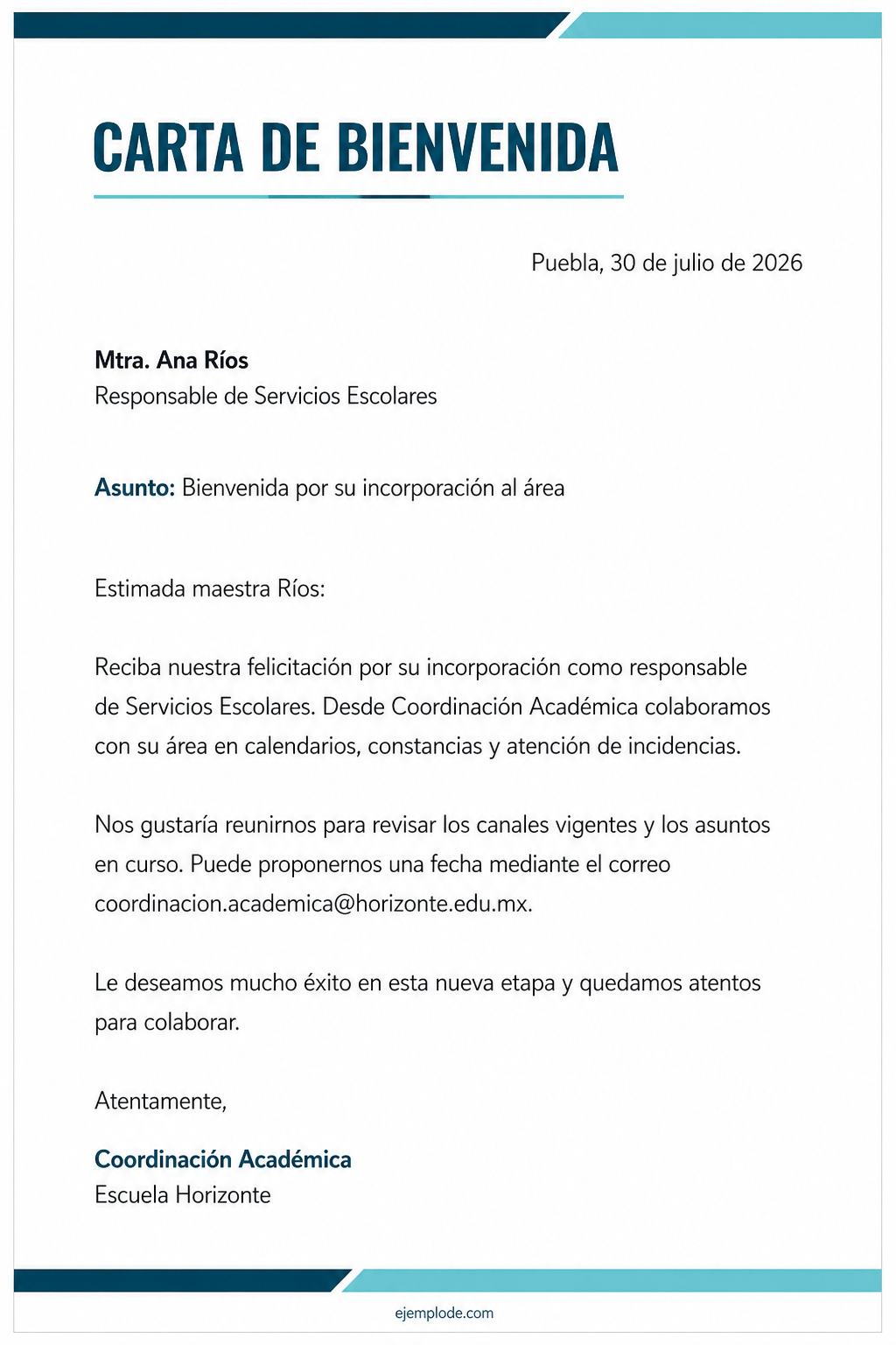 Carta de bienvenida completa para una nueva responsable de Servicios Escolares