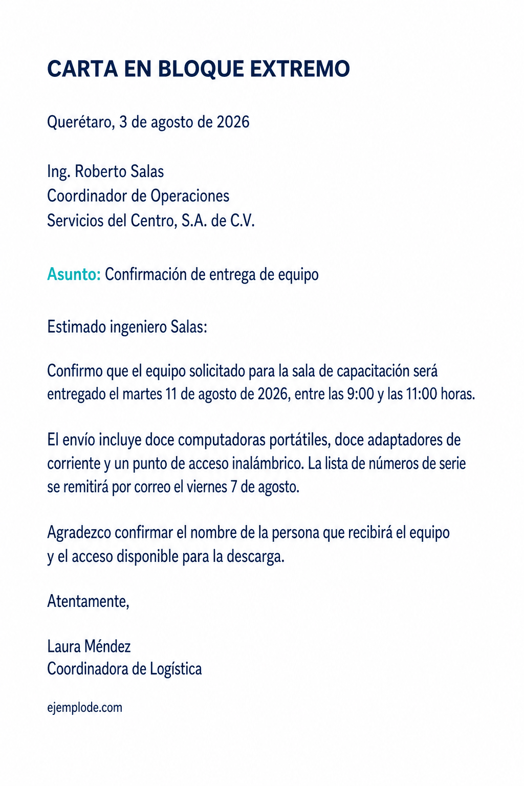 Carta completa de confirmación de entrega compuesta en bloque extremo