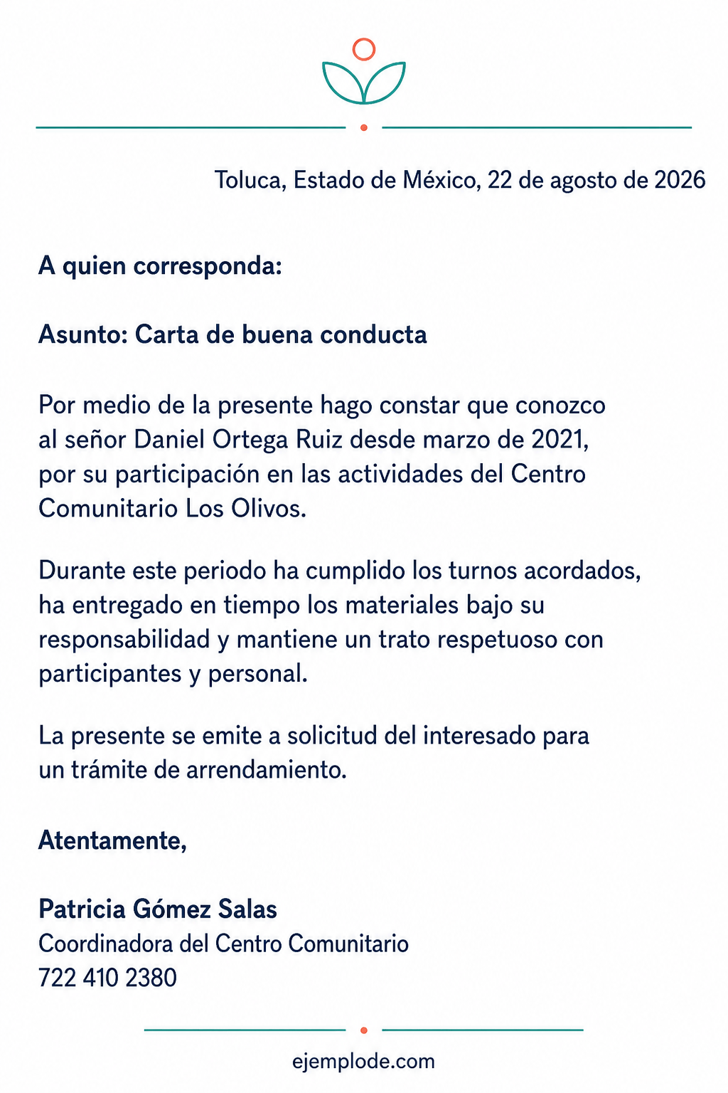 Carta de buena conducta completa basada en hechos observados en un centro comunitario