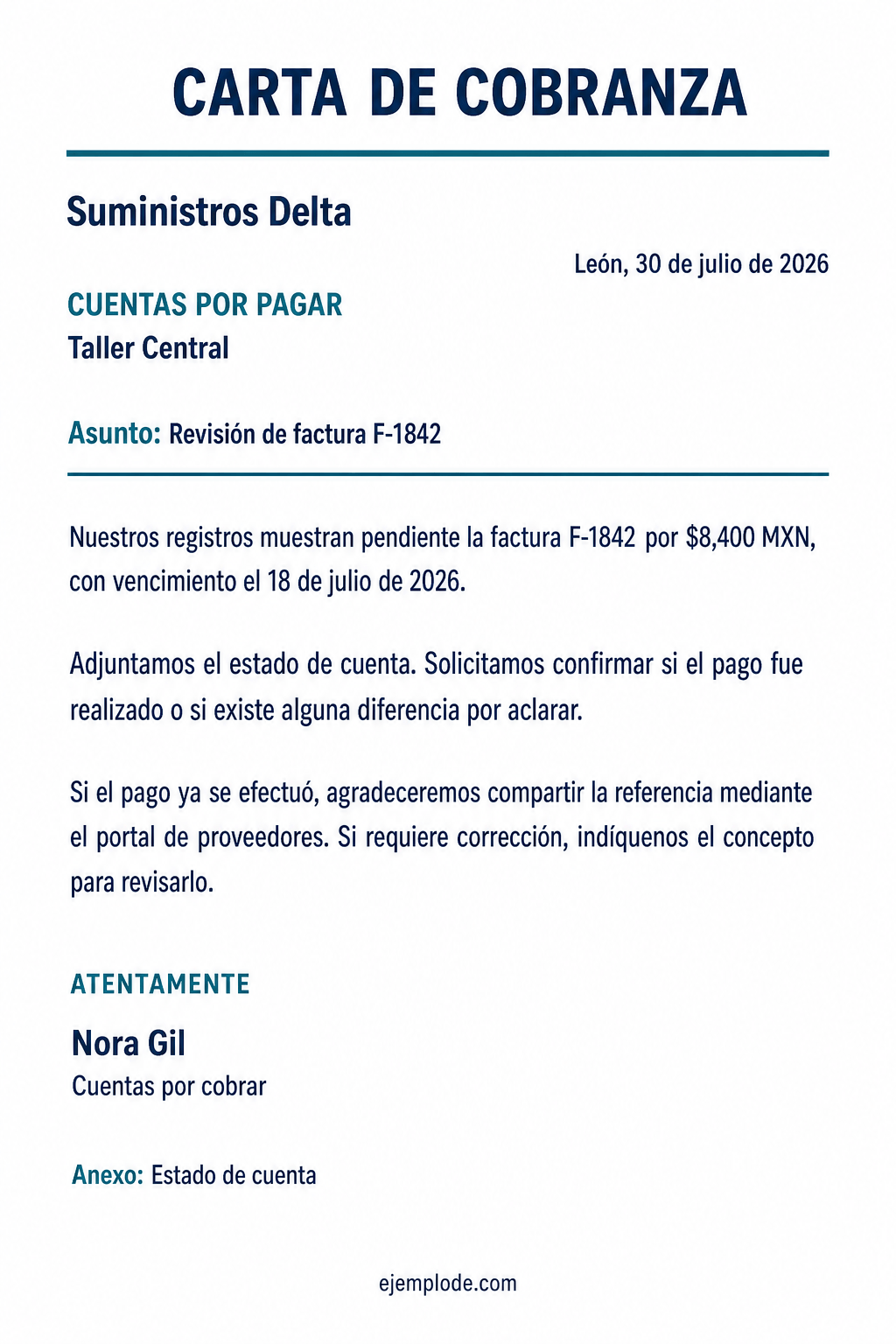 Carta de cobranza completa por una factura vencida con canal de aclaración