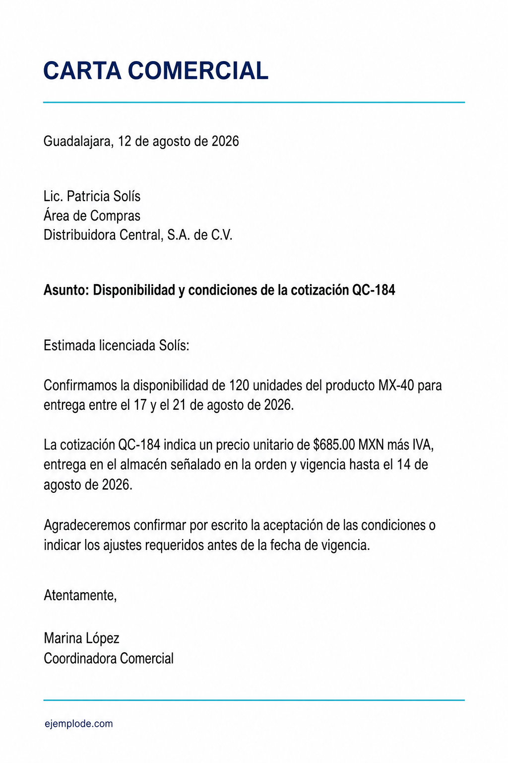Carta comercial completa que confirma disponibilidad, precio, entrega y vigencia de una cotización