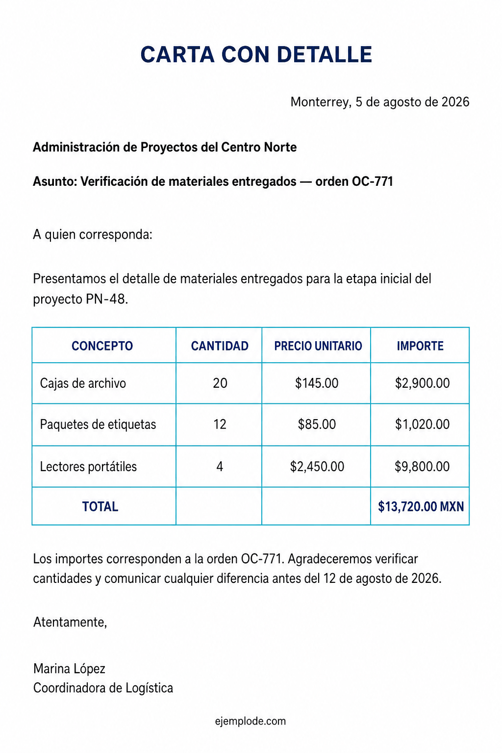 Carta completa con tabla de materiales, cantidades, precios, importes y total de 13720 pesos