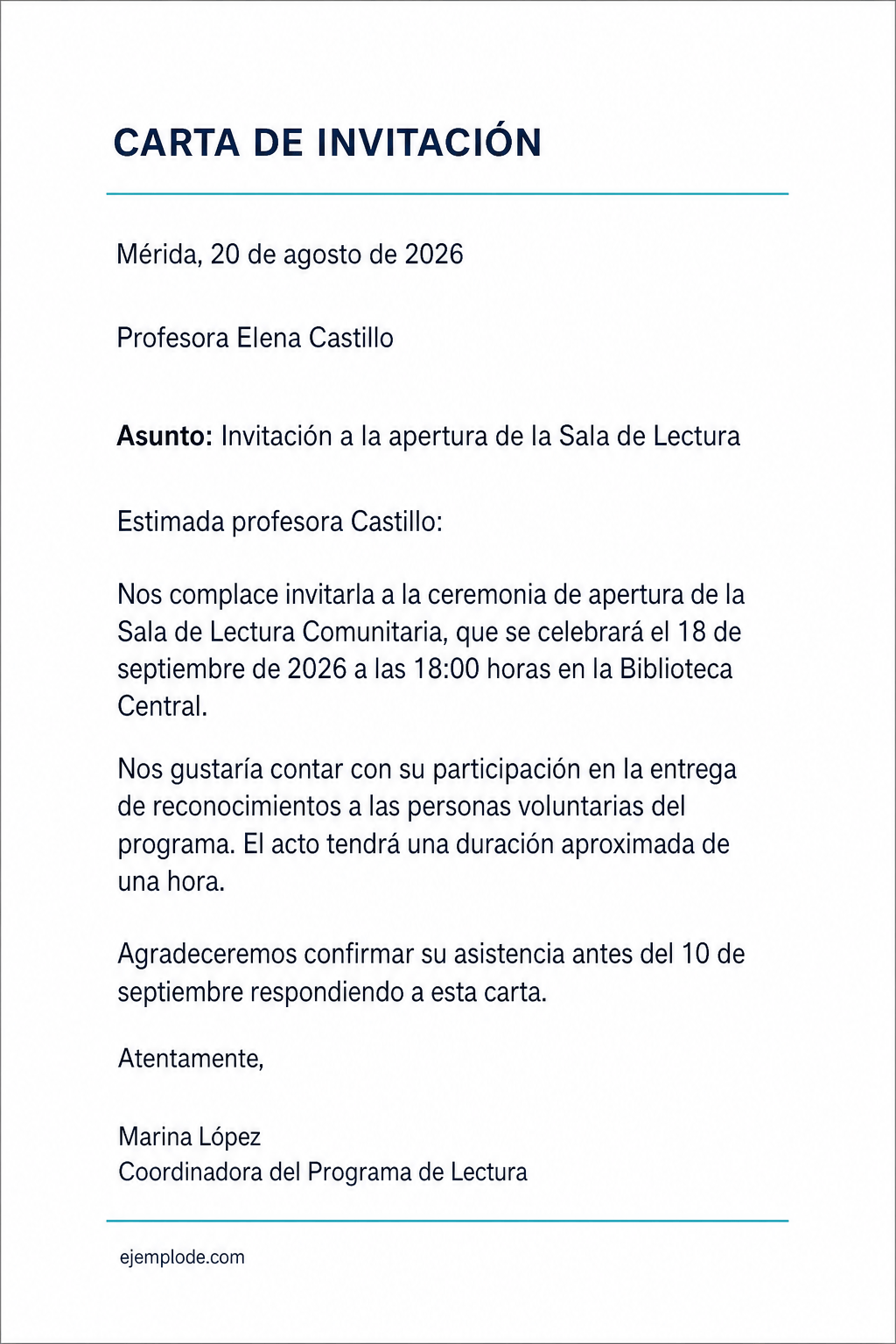 Carta formal completa que invita a una apertura e indica participación, fecha, hora, lugar y confirmación