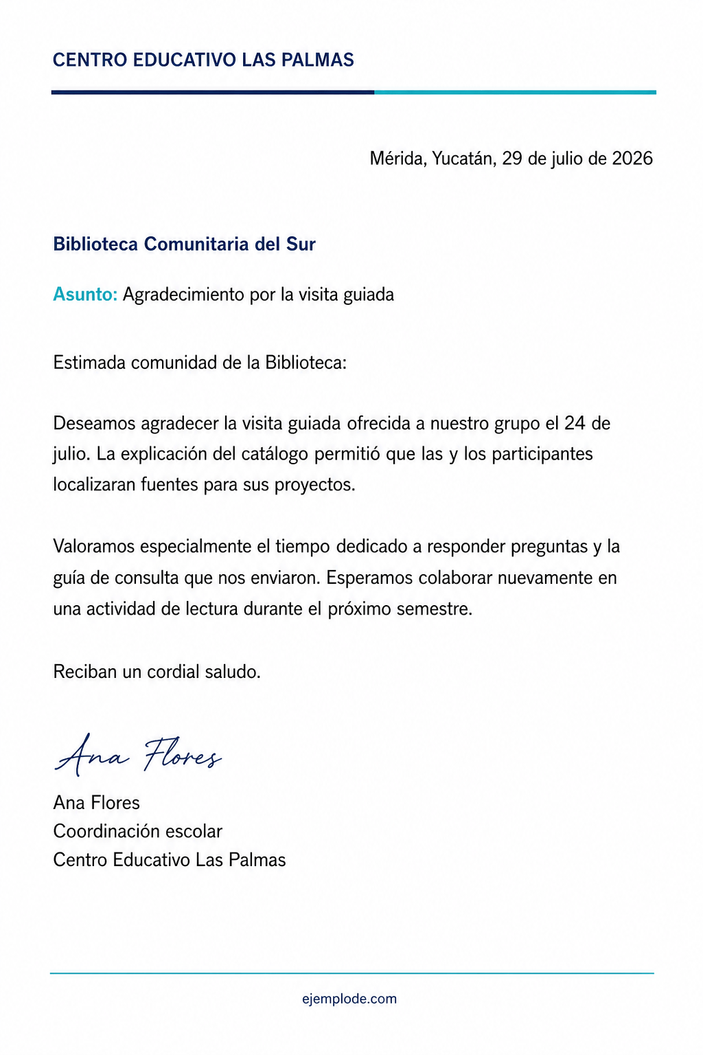 Carta de cortesía completa de agradecimiento por una visita guiada