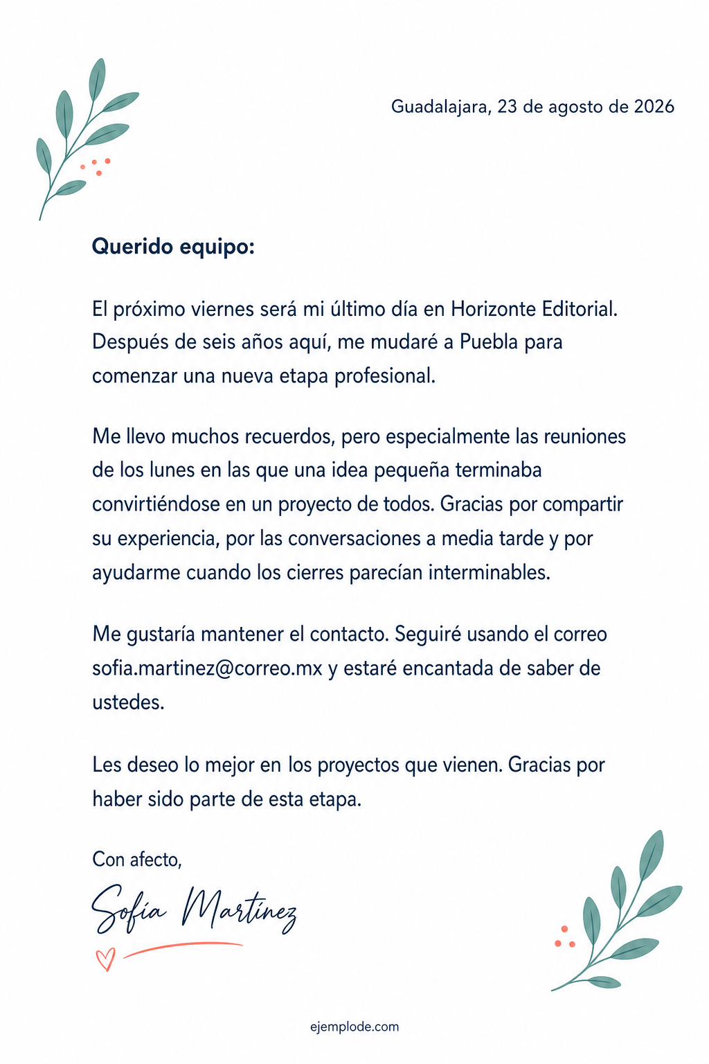 Carta de despedida completa dirigida a un equipo de trabajo