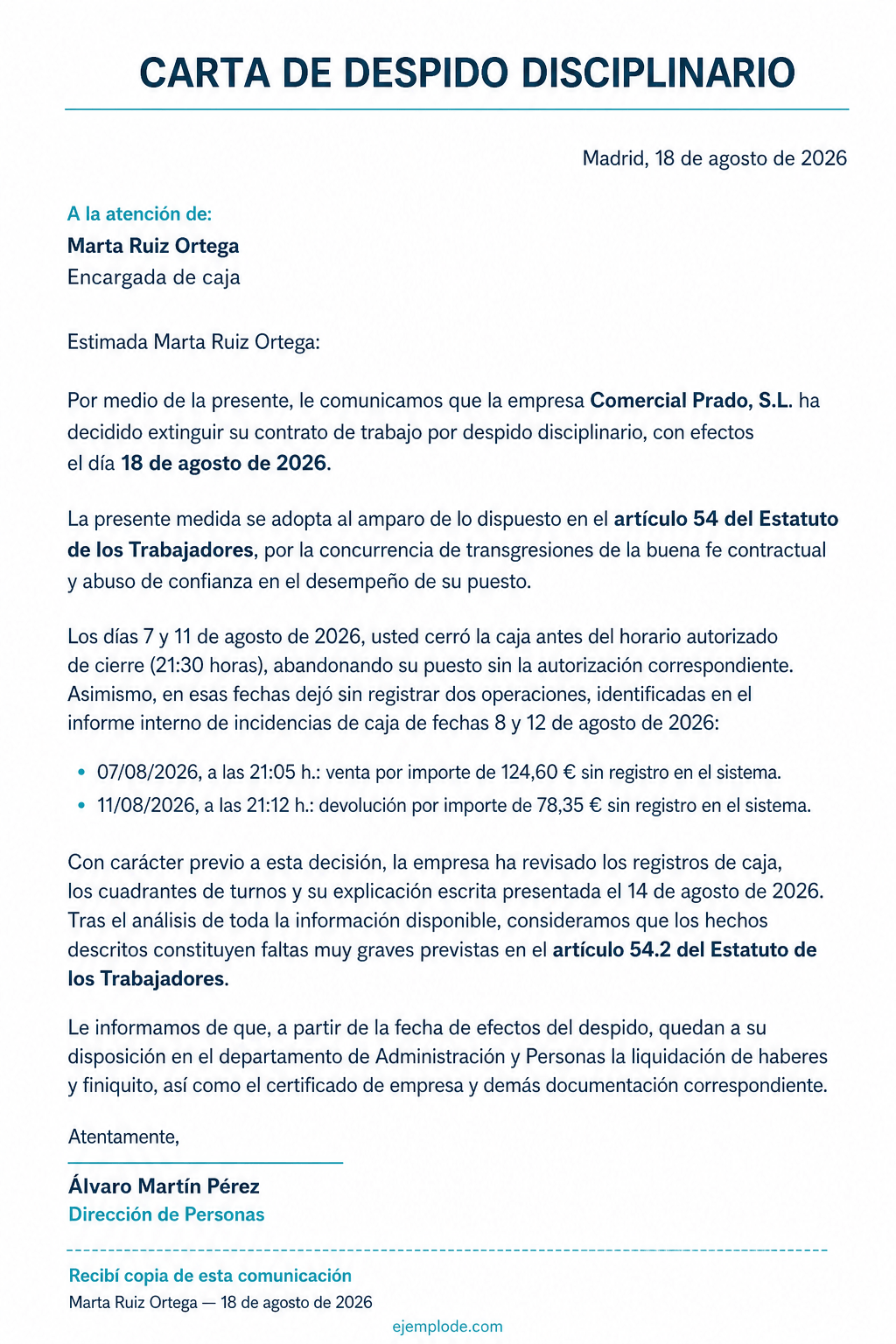 Carta completa de despido disciplinario en España con hechos, fechas, efectos, firma y acuse
