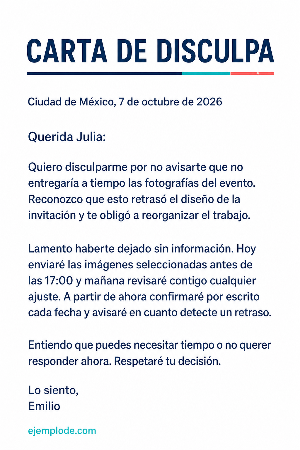 Carta de disculpa completa de Emilio a Julia por retrasar unas fotografías