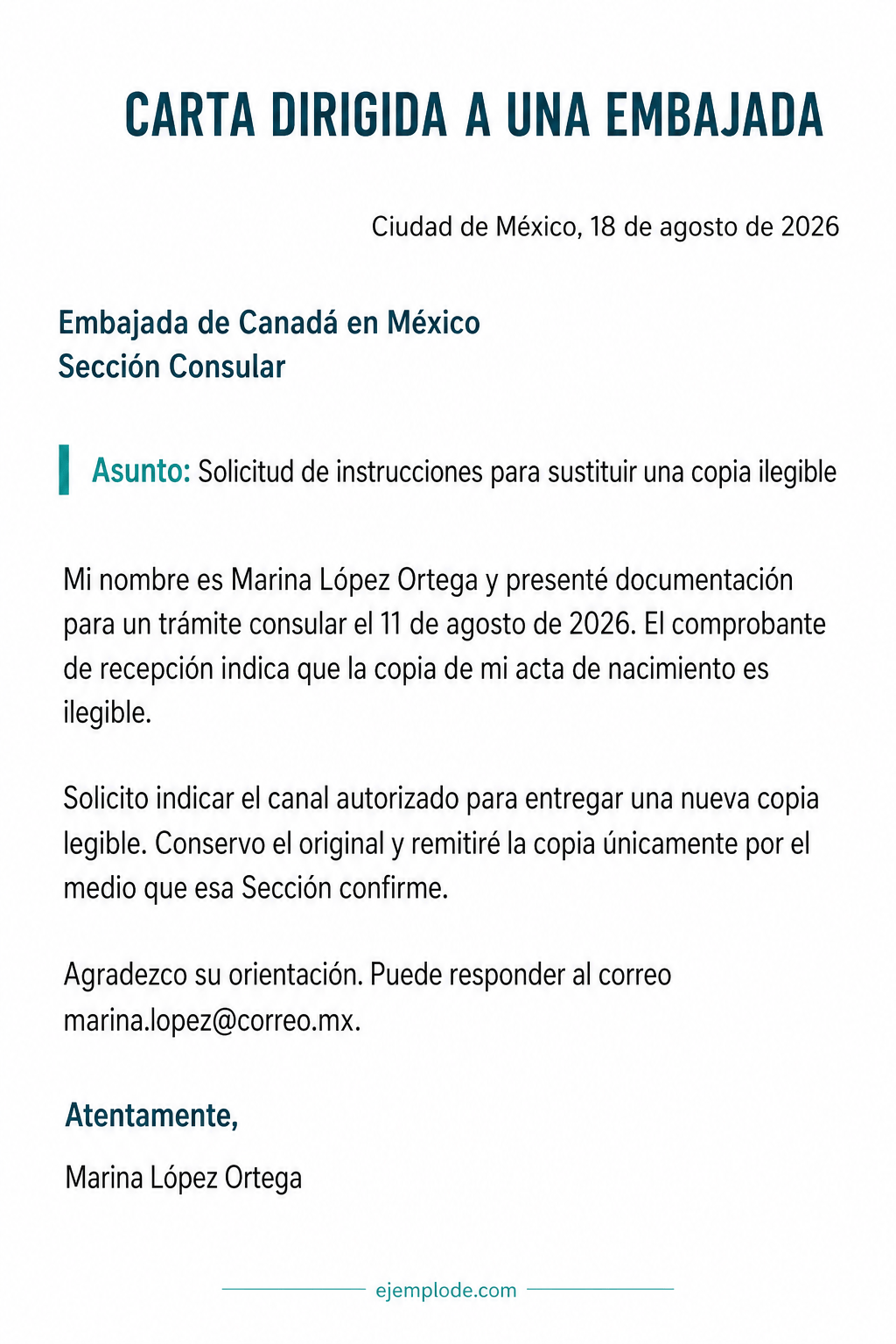 Carta completa dirigida a la Embajada de Canadá para sustituir una copia ilegible