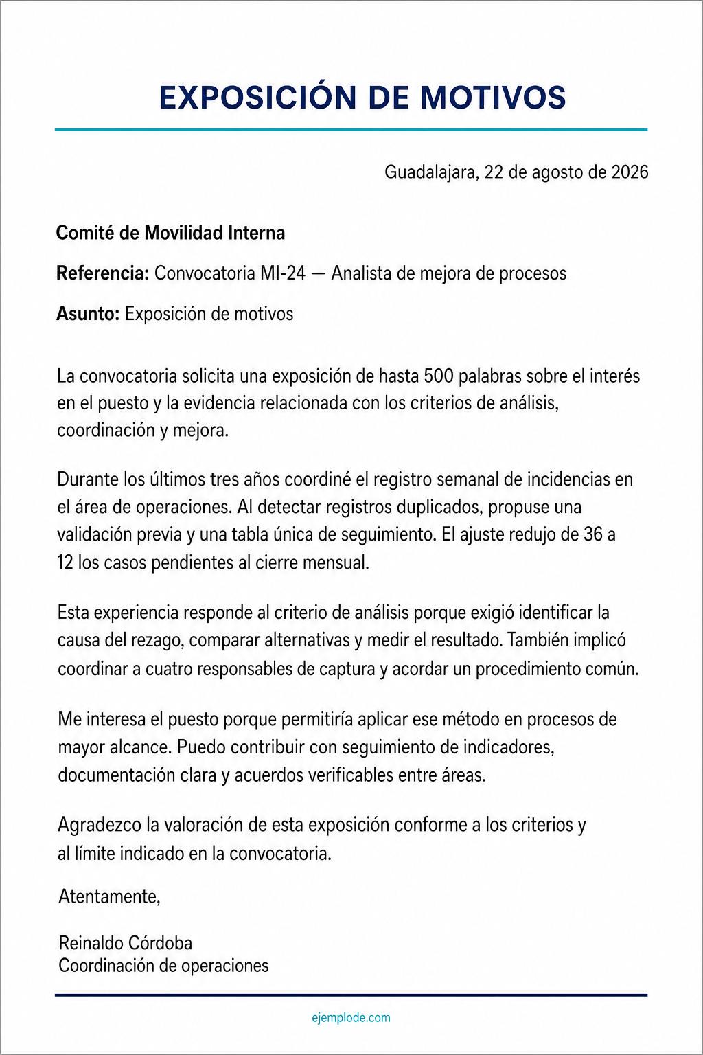 Exposición de motivos completa que responde criterios de una convocatoria laboral