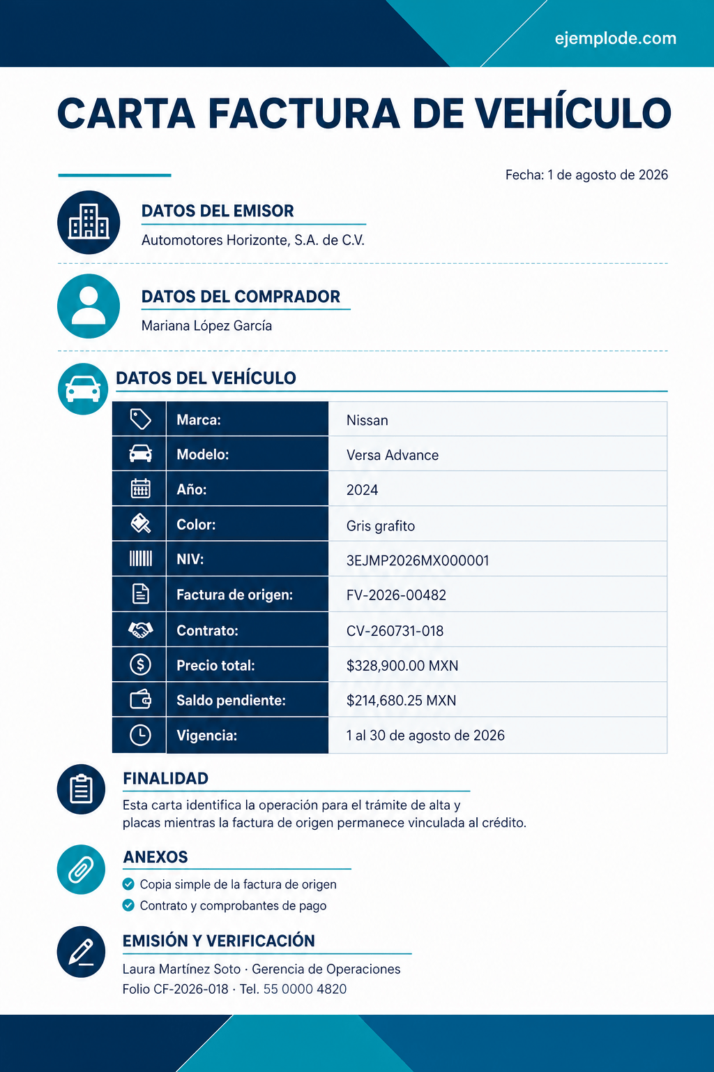 Carta factura completa de un Nissan Versa con operación, factura, contrato, saldo, vigencia y verificación