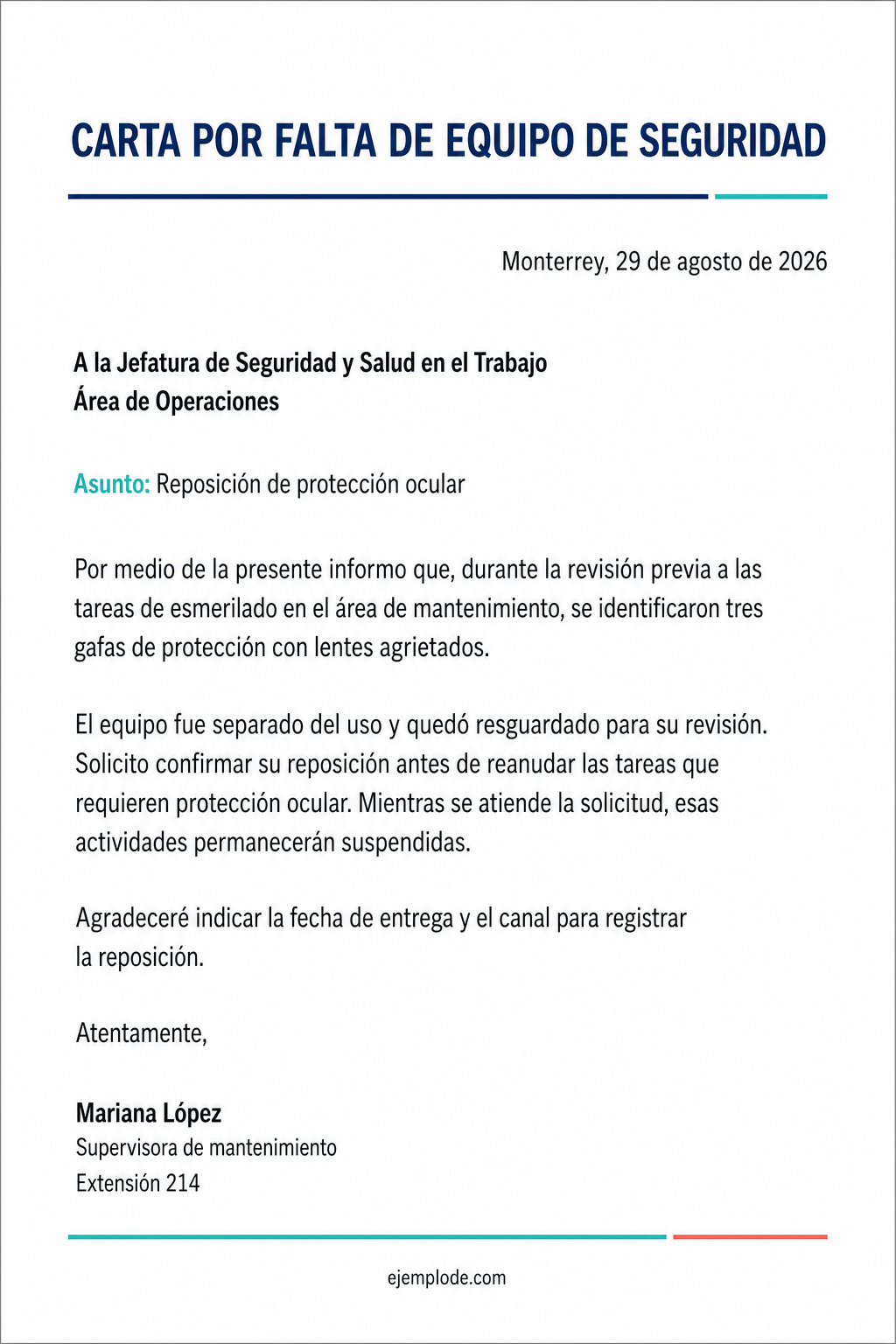 Carta completa para reportar tres gafas de protección agrietadas y solicitar su reposición