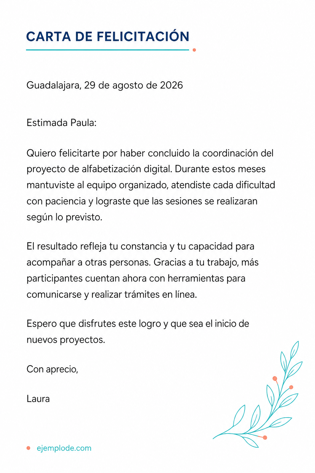 Carta completa de felicitación por coordinar un proyecto de alfabetización digital