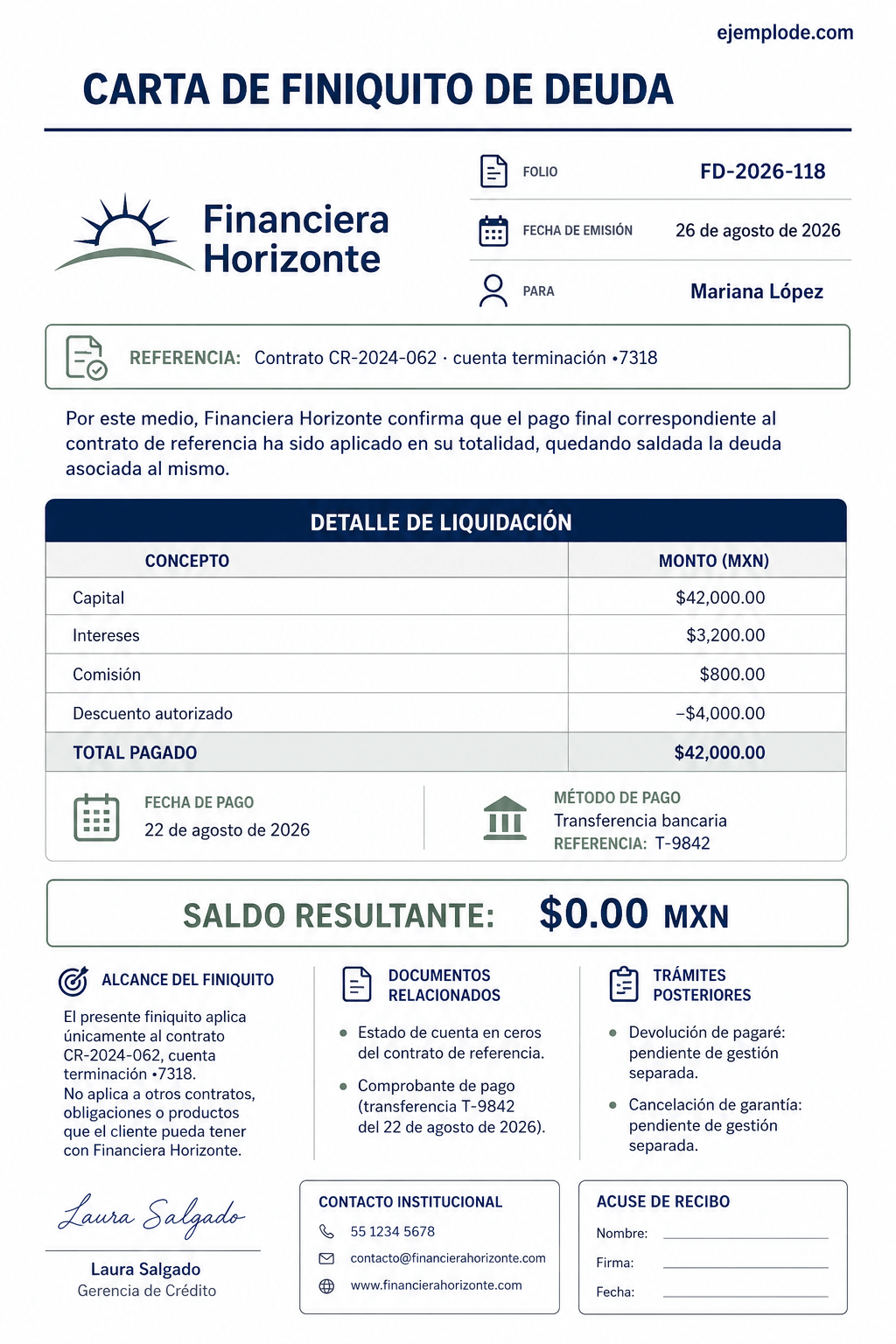 Carta completa de finiquito de deuda con referencia, desglose, pago aplicado y saldo cero