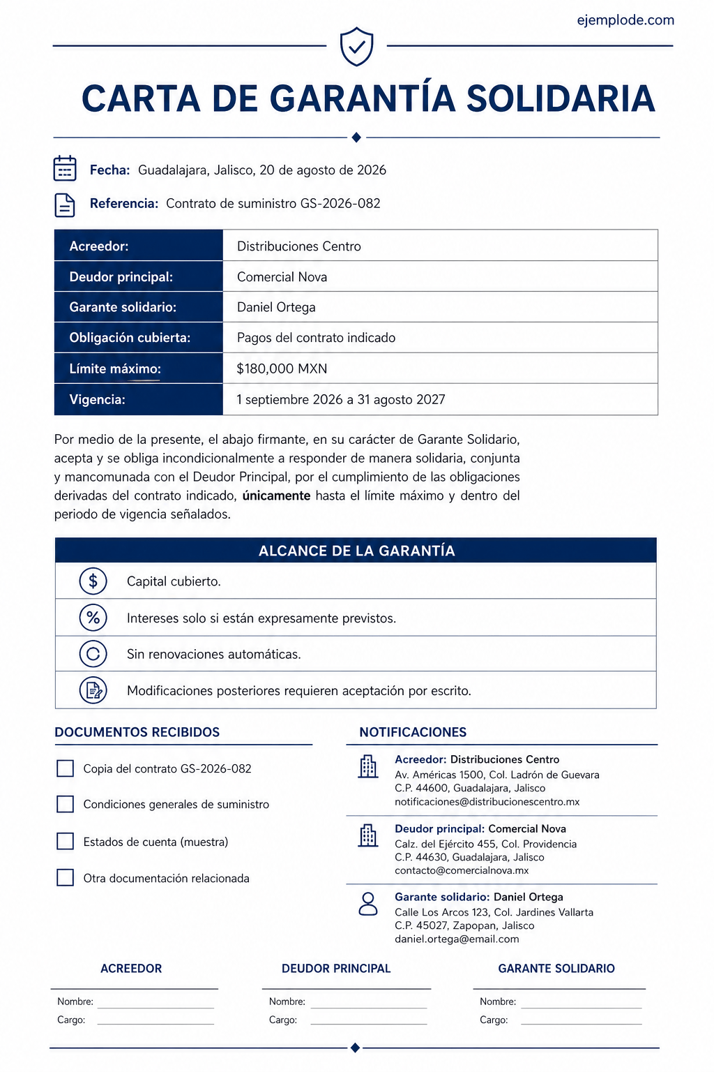 Carta de garantía solidaria con contrato, obligación, límite, vigencia y firmas