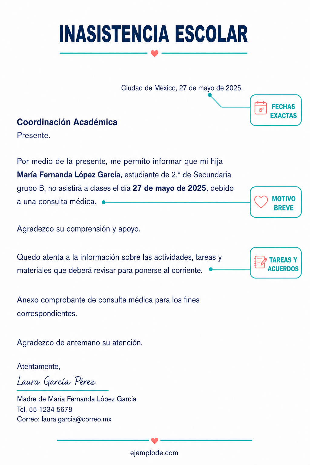 Carta escolar anotada: fecha de ausencia, motivo y seguimiento de tareas