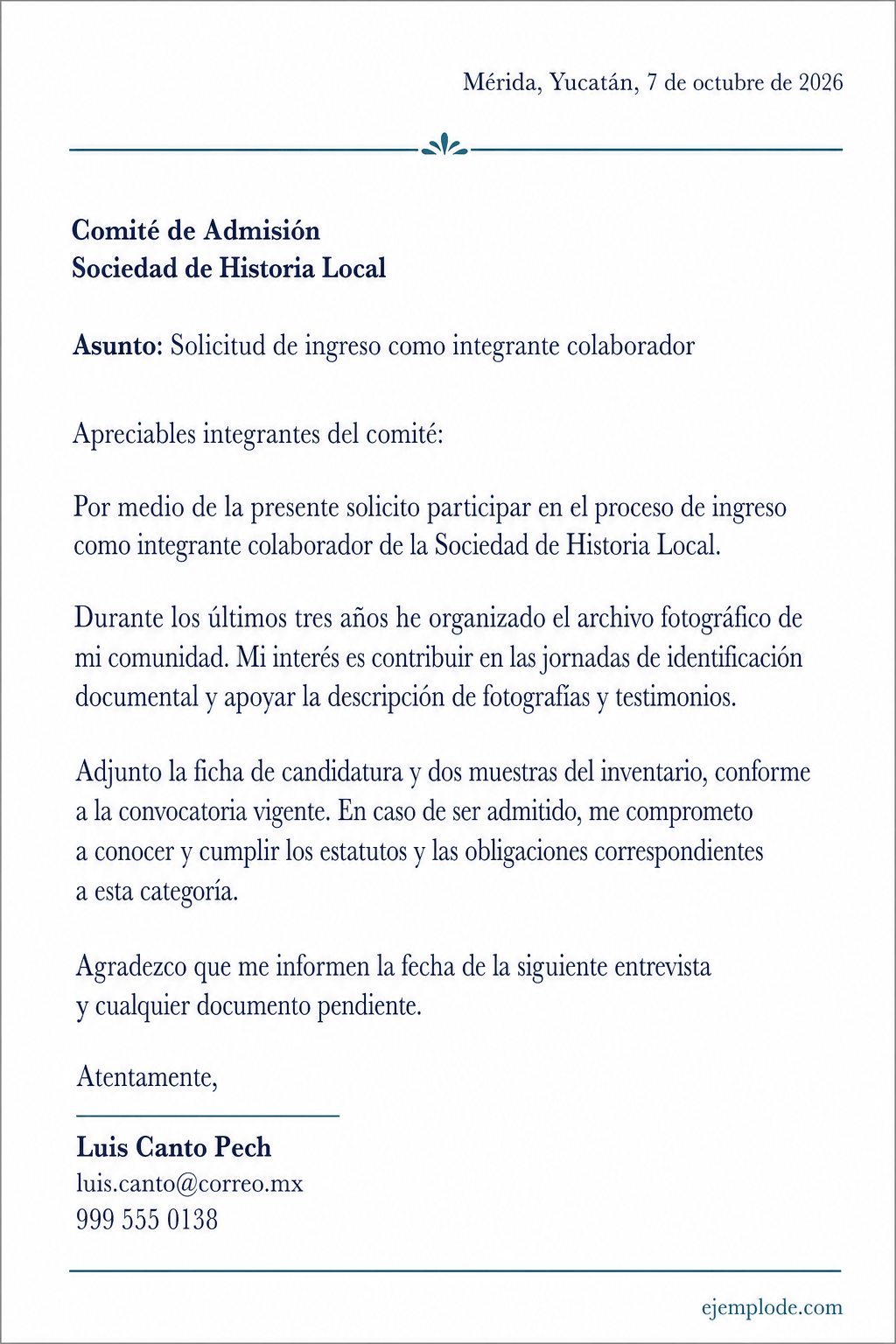 Carta completa para solicitar ingreso como integrante colaborador de una asociación cultural