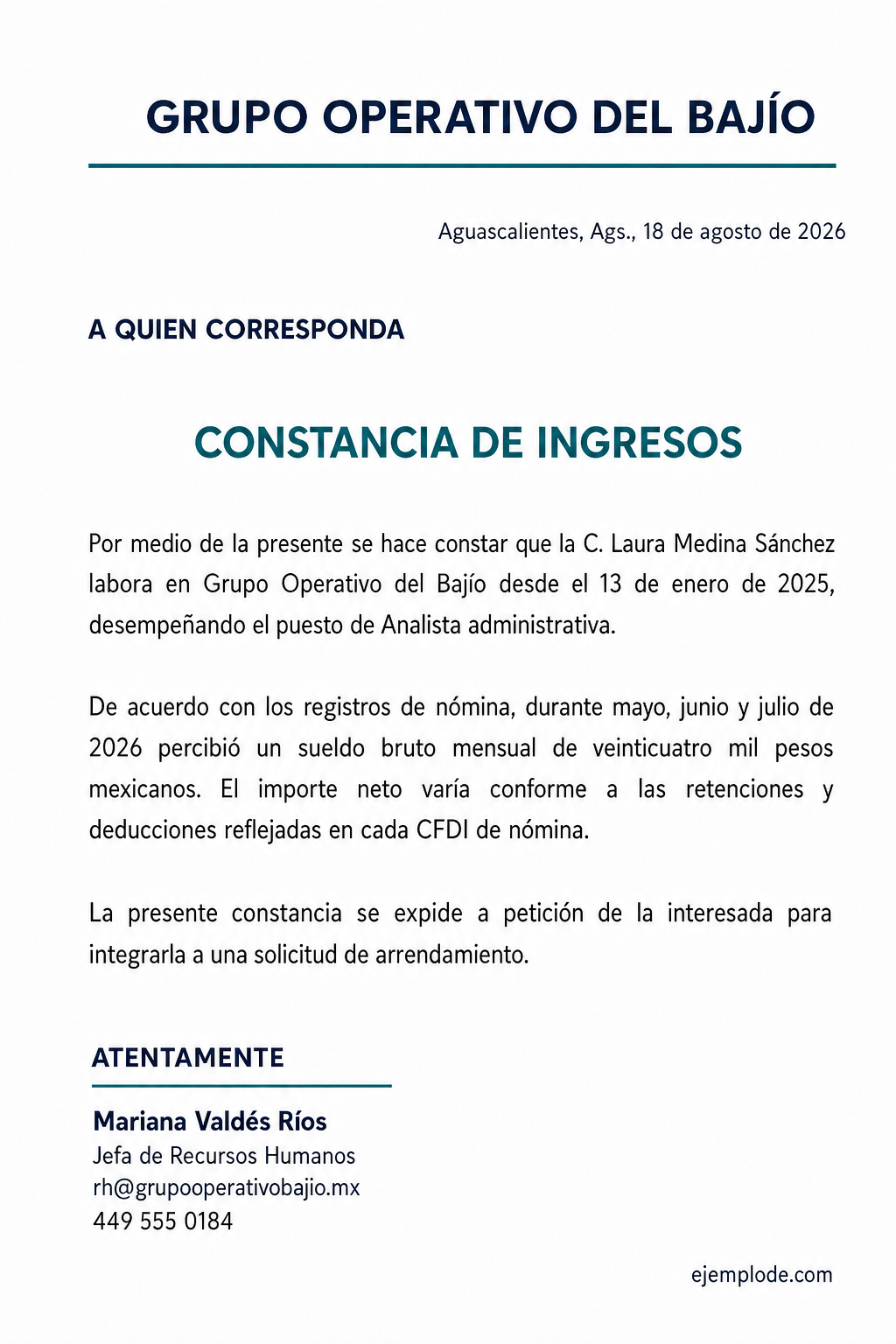 Carta completa de ingresos emitida por recursos humanos con periodo, sueldo bruto y finalidad