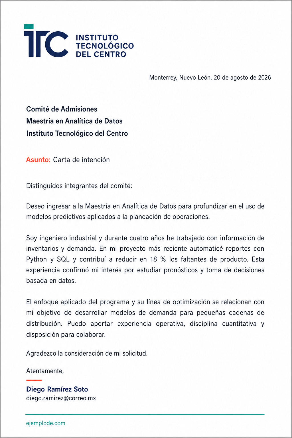 Carta completa de intención para maestría con preparación, afinidad y objetivo académico