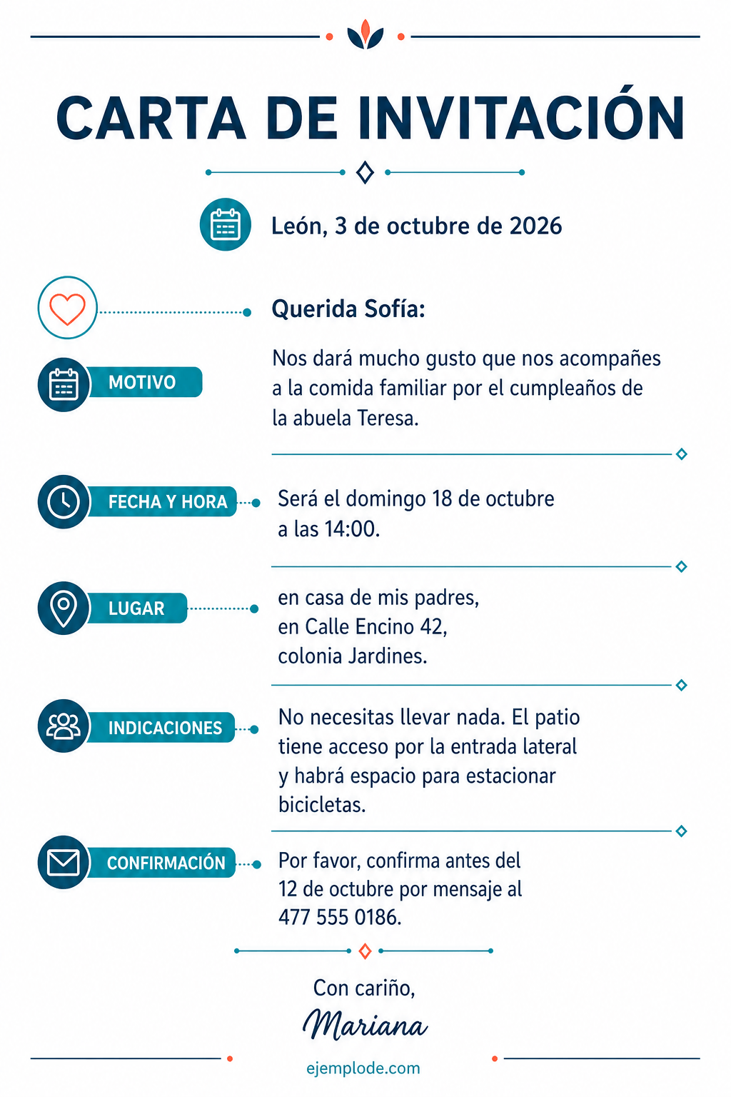 Invitación completa con motivo, fecha, hora, lugar, indicaciones y confirmación
