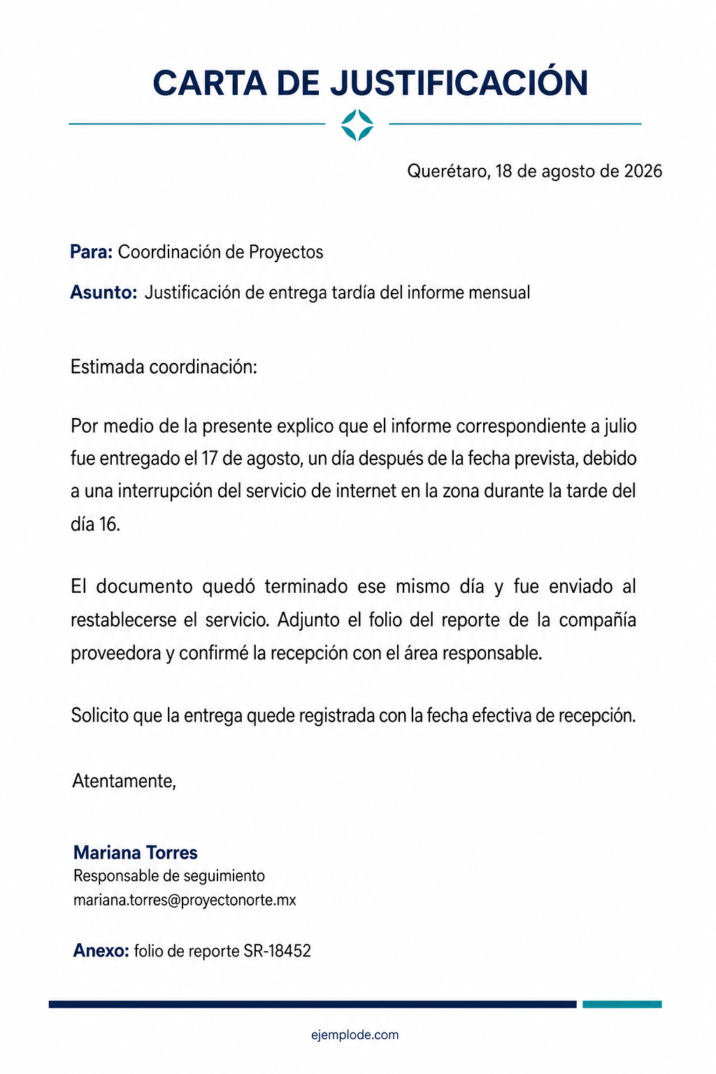 Carta de justificación completa por la entrega tardía de un informe