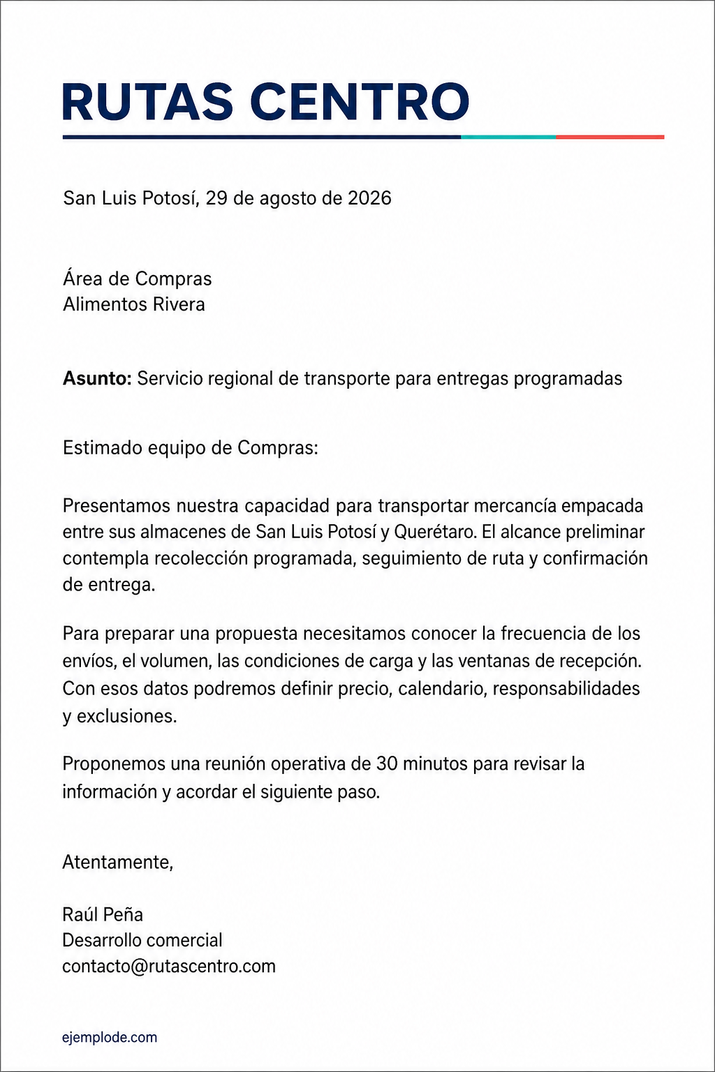 Carta completa de ofrecimiento de transporte regional para entregas programadas