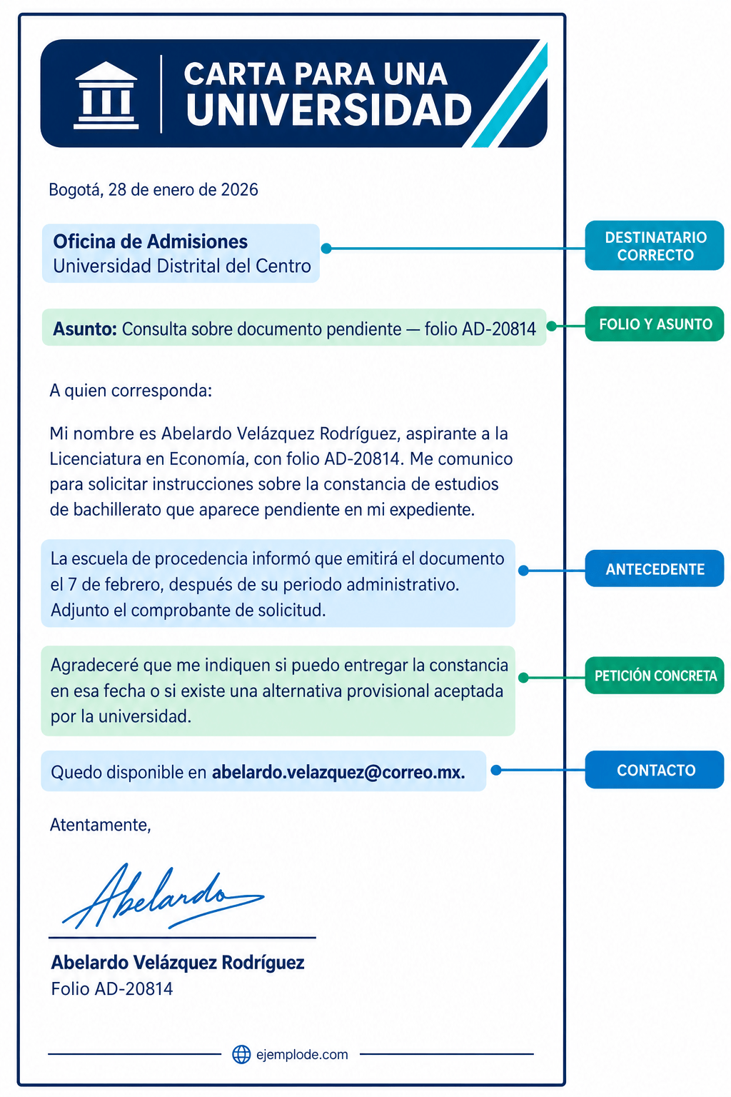 Carta completa para una universidad con destinatario, folio, antecedente, petición y contacto señalados