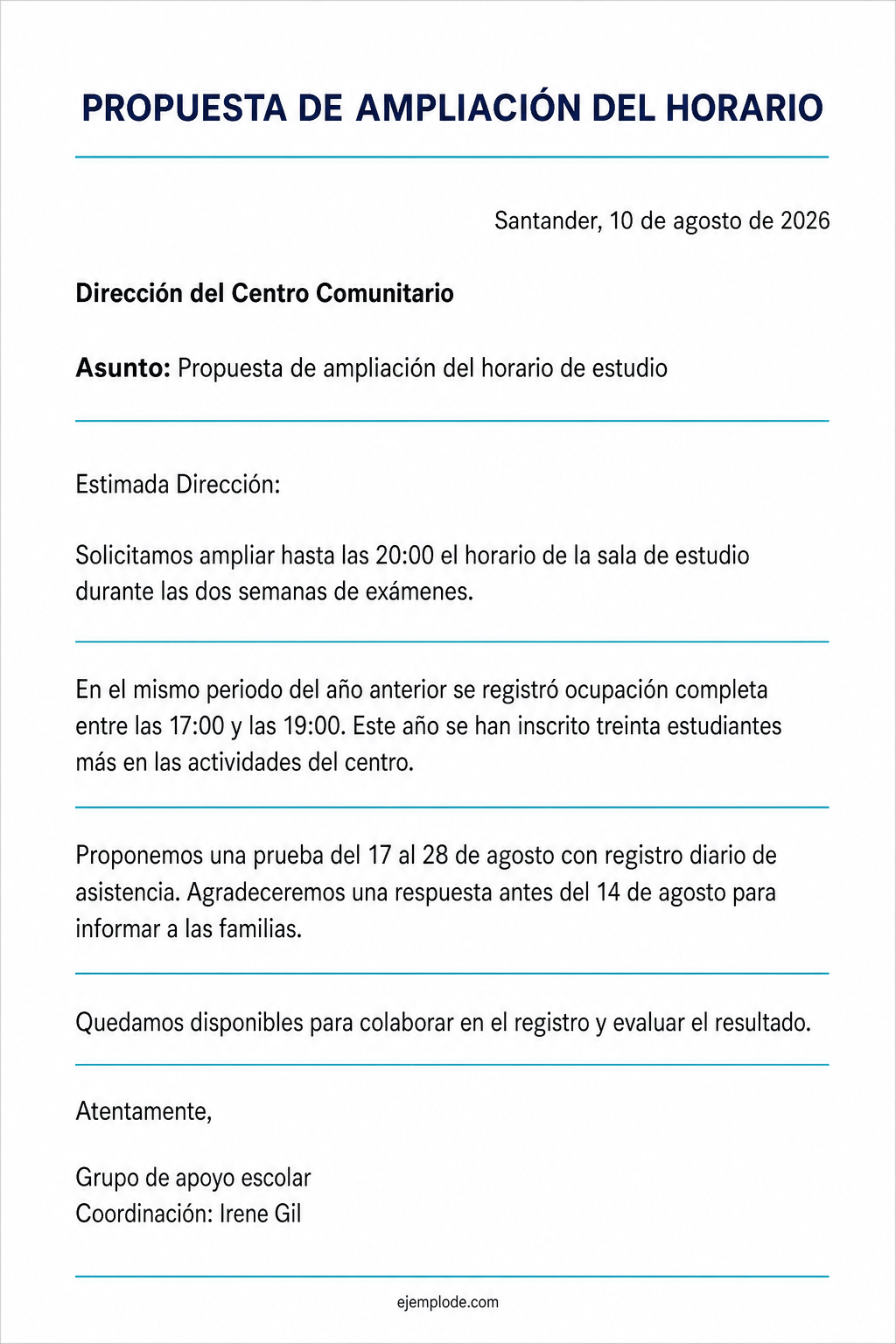 Carta completa sobre ampliación de horario con apertura, contexto, propuesta y cierre sin etiquetas