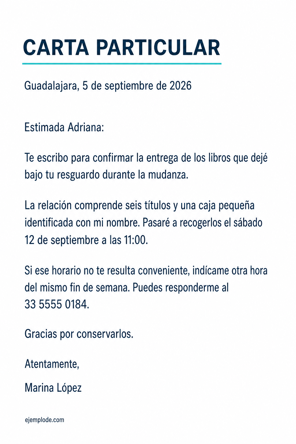 Carta particular completa para coordinar la devolución de libros entre dos personas