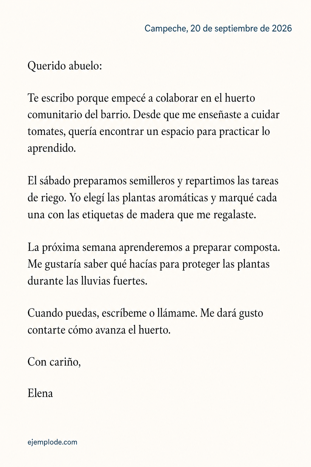 Carta personal completa de Elena a su abuelo sobre el huerto comunitario
