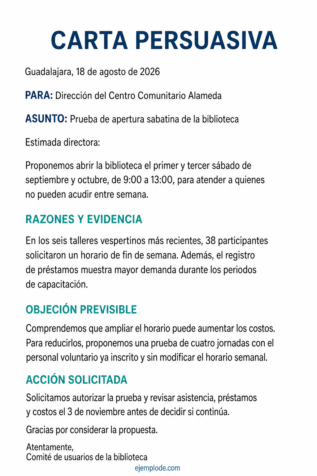 Carta persuasiva completa para proponer una prueba de apertura sabatina de una biblioteca