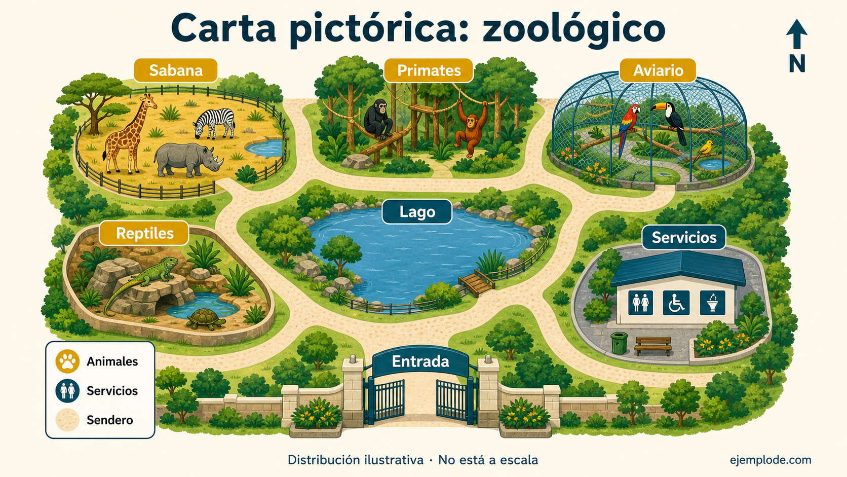 Carta pictórica de un zoológico con entrada, sabana, primates, aviario, reptiles, lago, servicios, senderos, leyenda y norte
