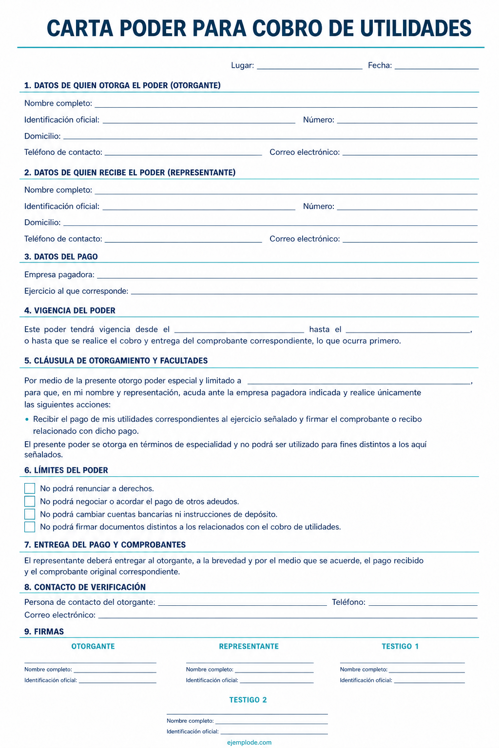 Formato vacío de poder especial y limitado para cobrar utilidades
