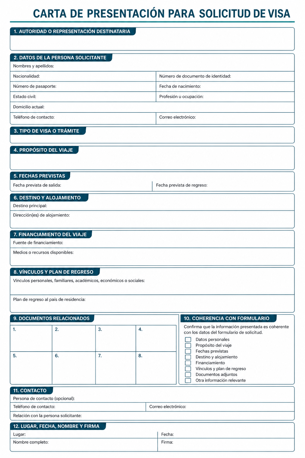 Formato vacío para preparar una carta de visa con propósito, fechas, financiación y documentos