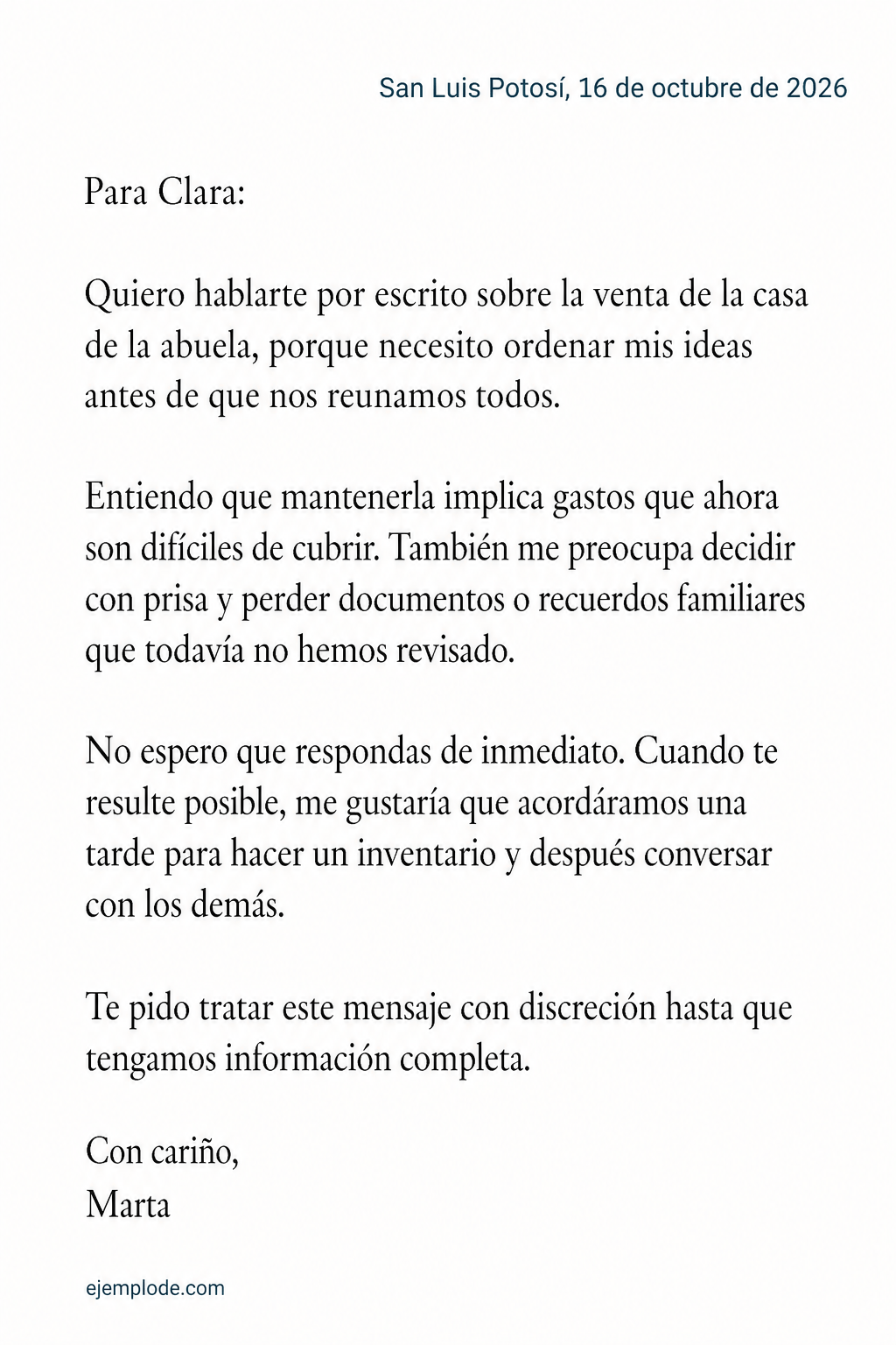 Carta privada completa de Marta a Clara sobre la casa familiar