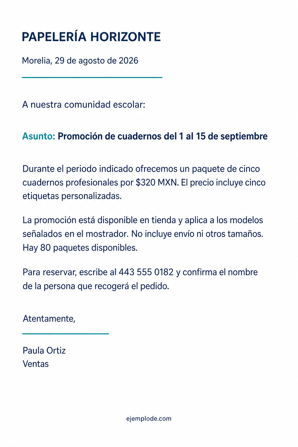 Carta completa de promoción de cuadernos con precio, vigencia, existencias y canal de reserva