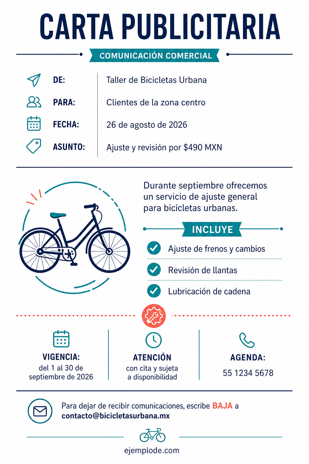 Carta publicitaria terminada para un servicio de ajuste de bicicletas