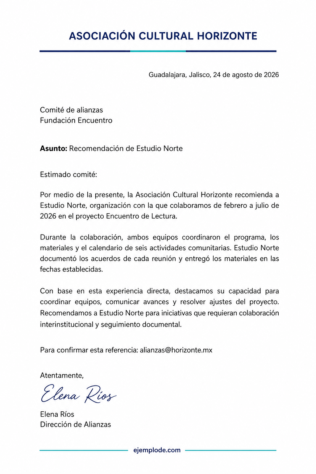 Carta completa de recomendación de una empresa basada en un proyecto conjunto
