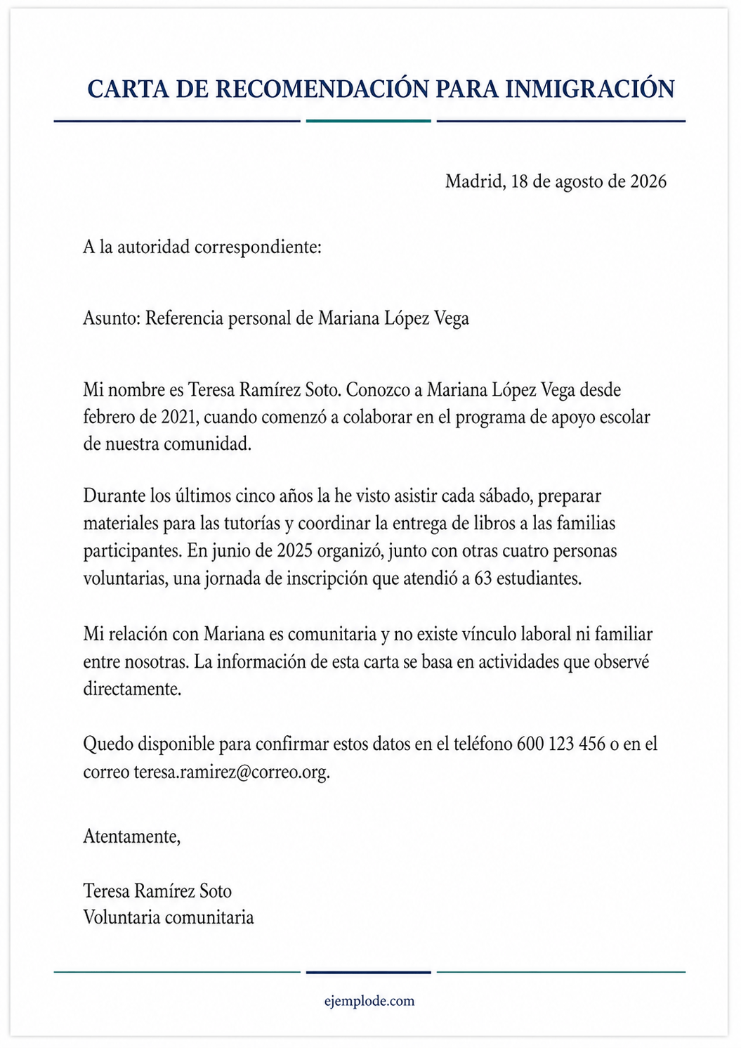 Carta personal completa para aportar hechos observados en un proceso de inmigración