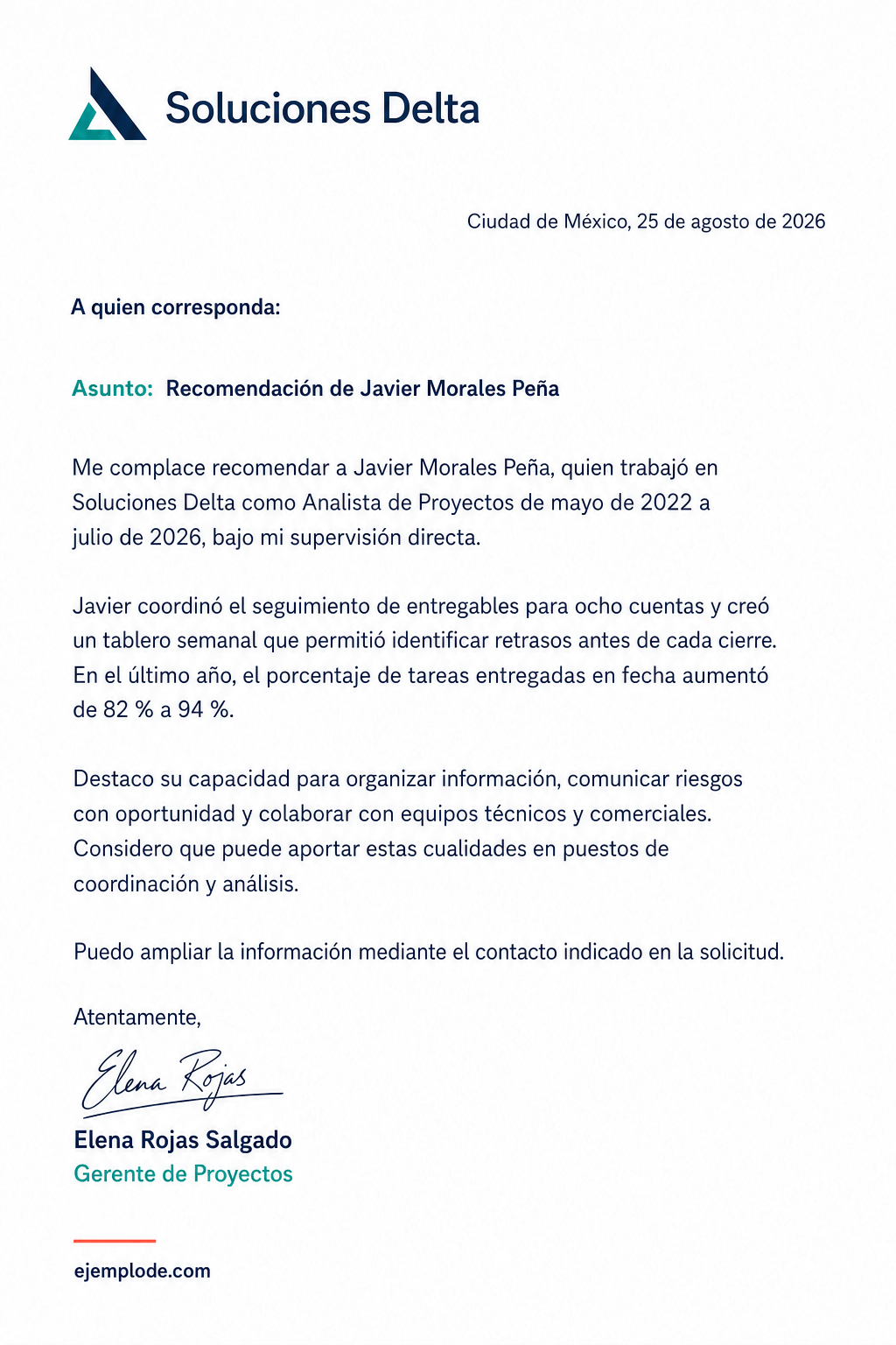 Carta laboral completa que recomienda a Javier Morales por su experiencia en proyectos