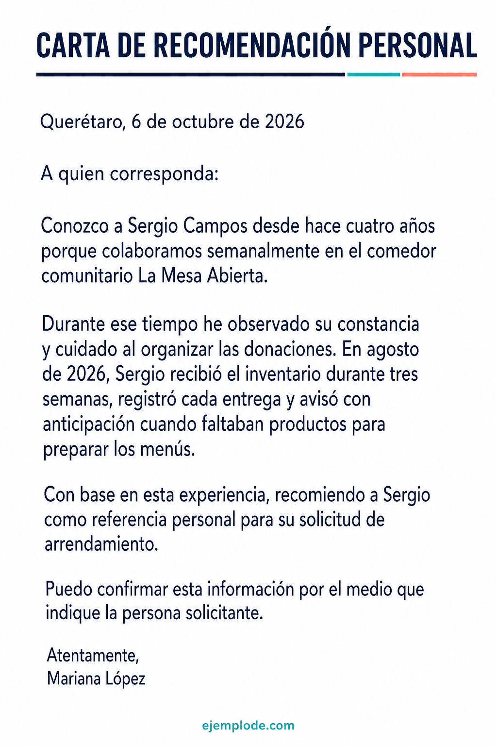 Carta de recomendación personal completa de Mariana para Sergio