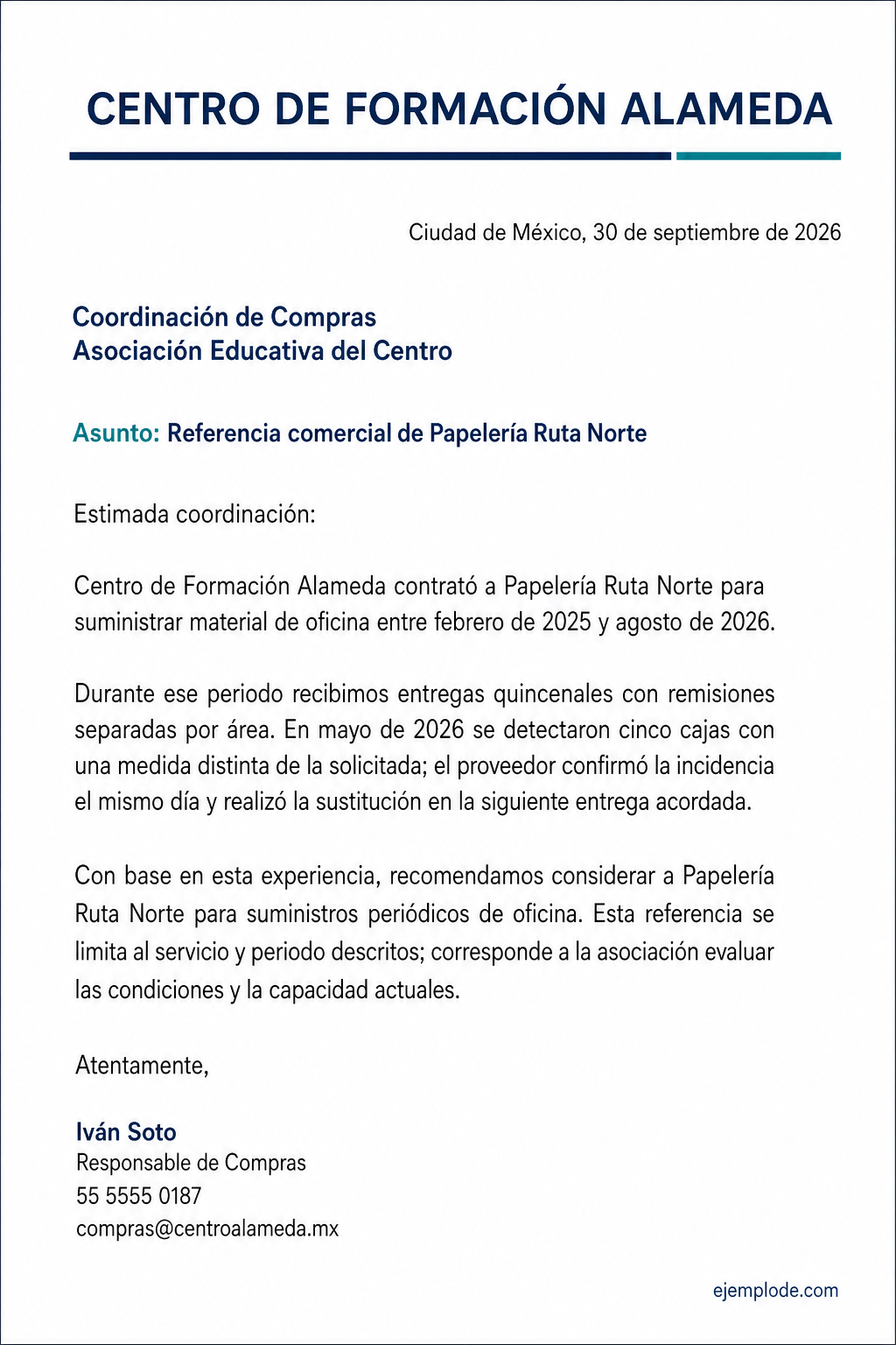 Carta completa que recomienda a un proveedor con periodo, experiencia e incidencia resuelta