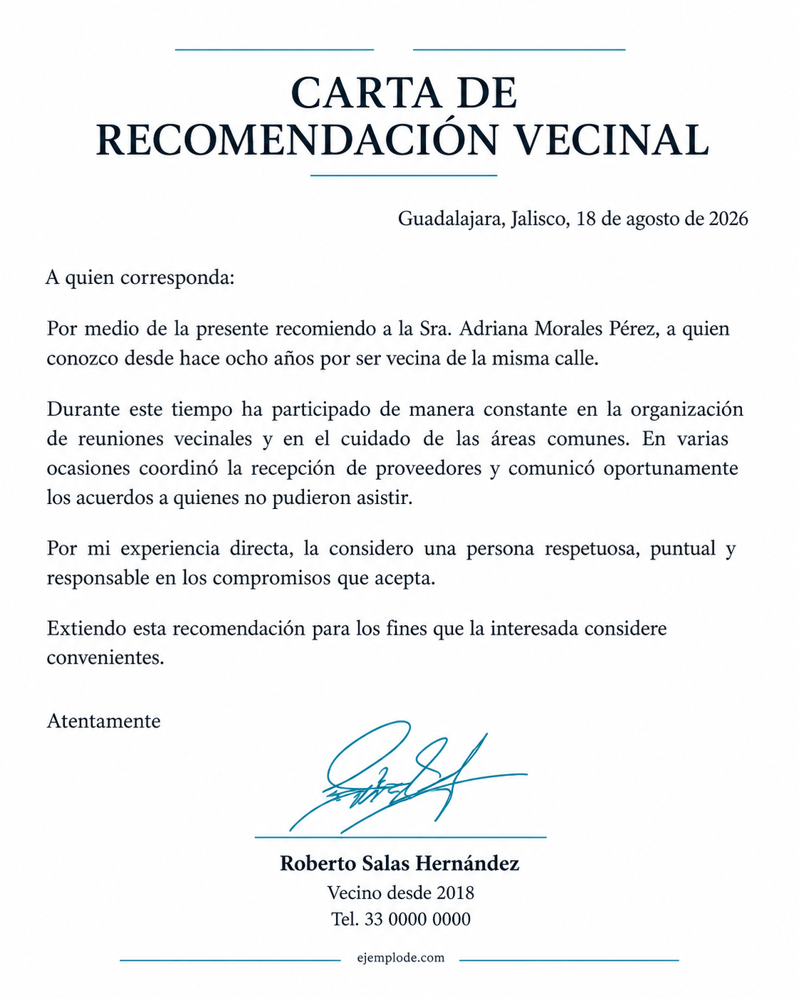 Carta completa de recomendación vecinal basada en convivencia y hechos observados